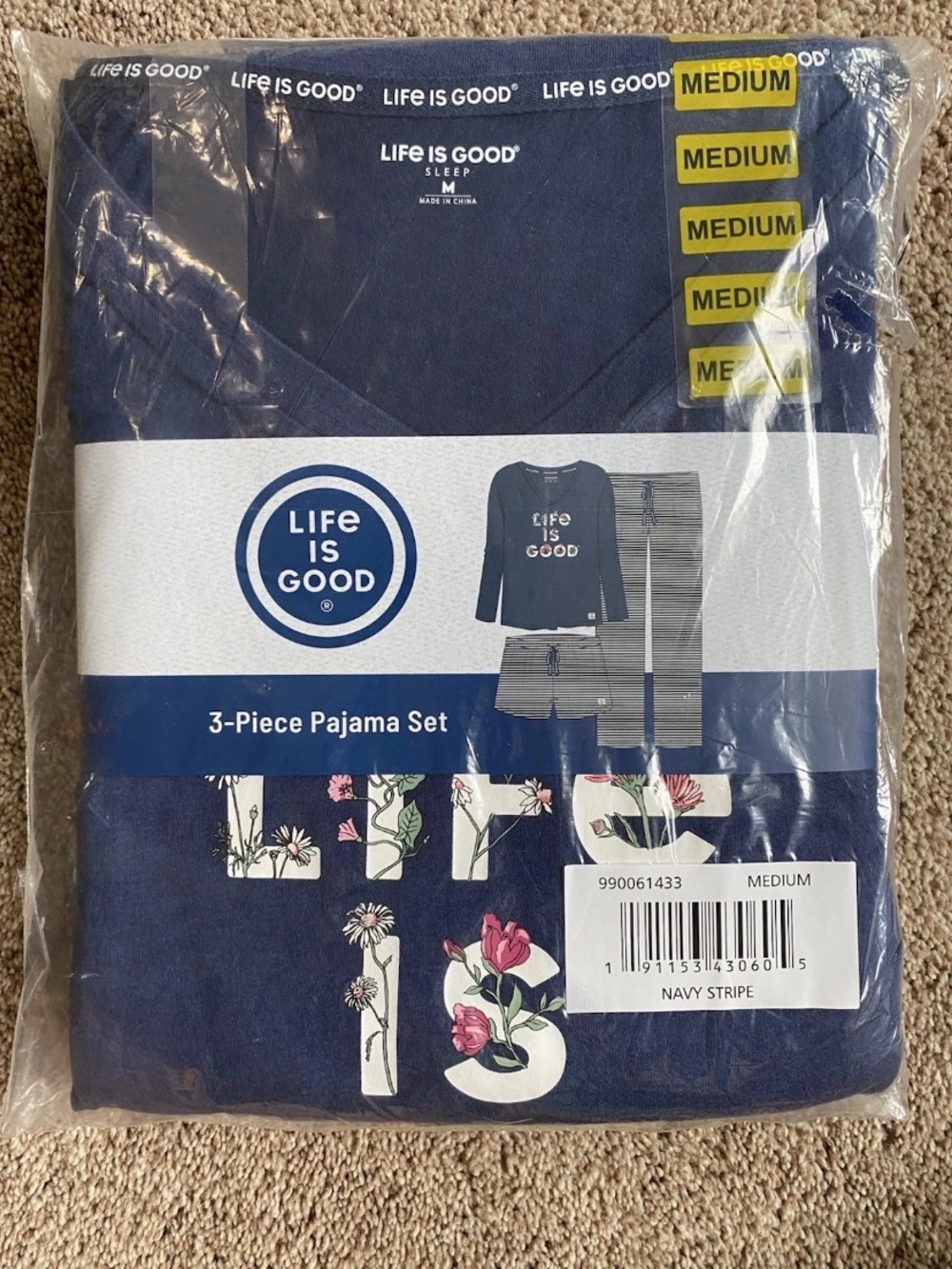 NWT Women’s Life Is Good 3 Piece Pajama Set. Navy Stripe Floral. Size Medium